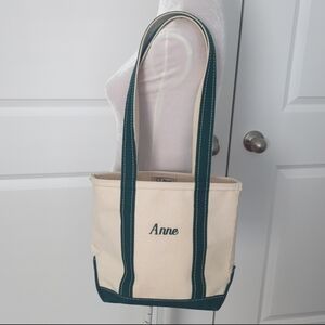 Vintage L.L. Bean Small Canvas Open Top Boat & Tote Green Trim Long Handles